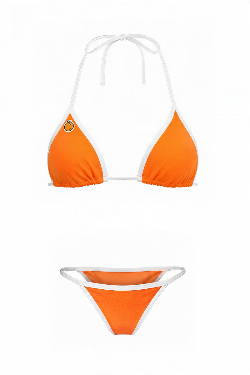 Sunset Beach Microkini set in citrus orange with white trim — triangle bikini top and cheeky string bottom