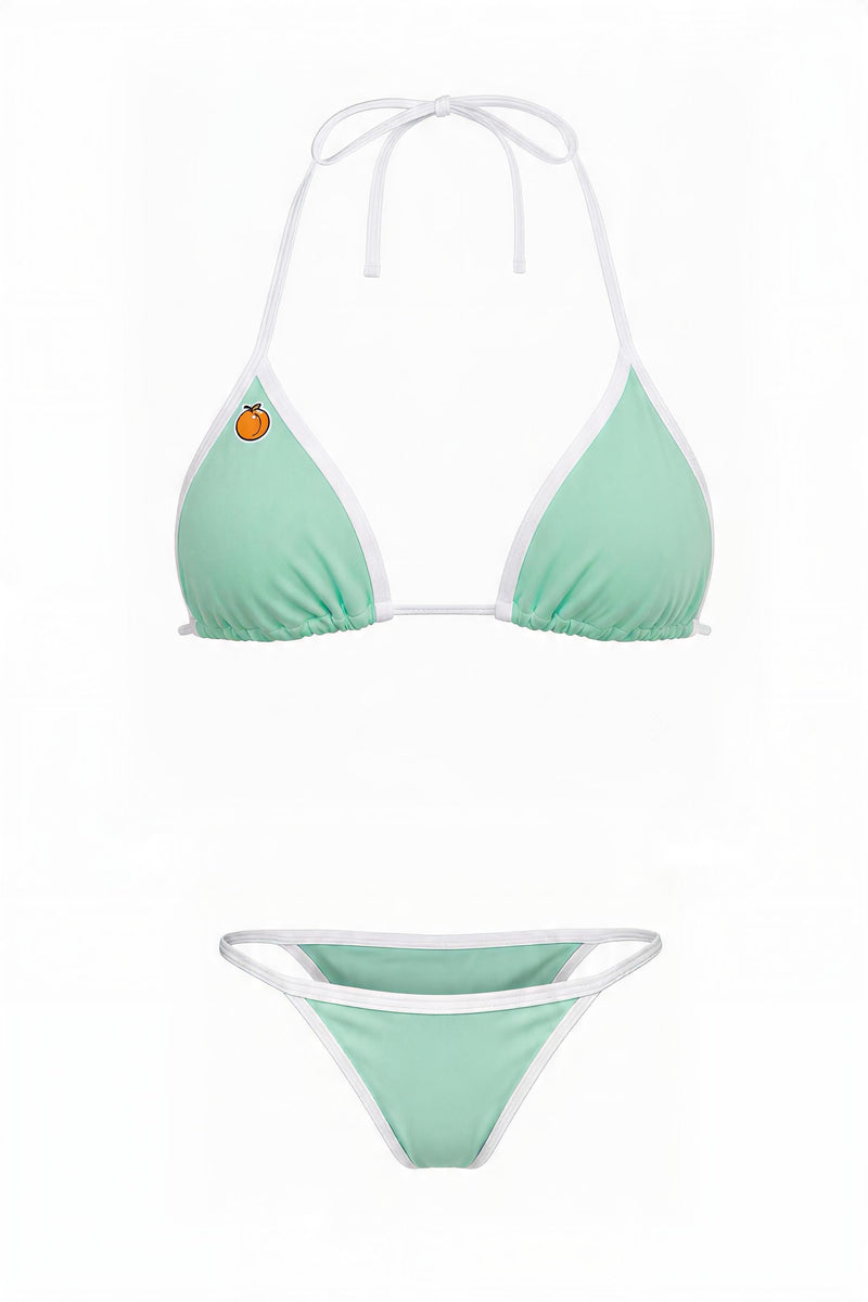 Sunset Beach Microkini set in mint green with white trim — triangle bikini top and cheeky string bottom