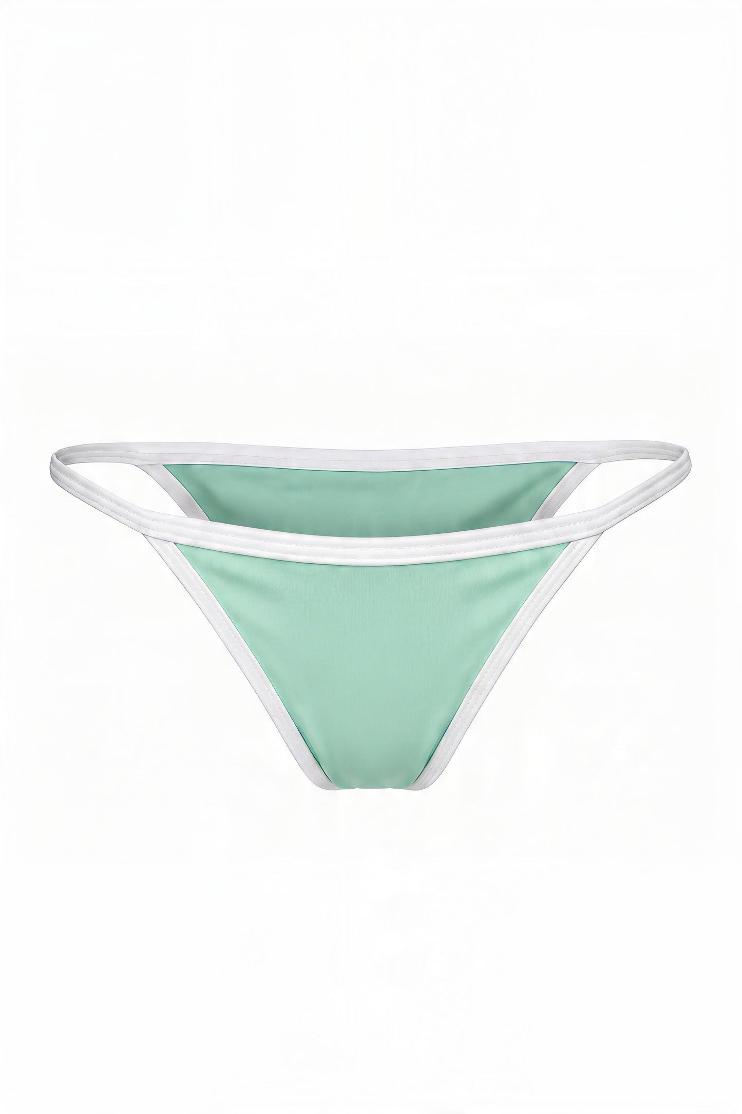 Mint green low-rise string bikini bottom with white trim — Sunset Beach Microkini