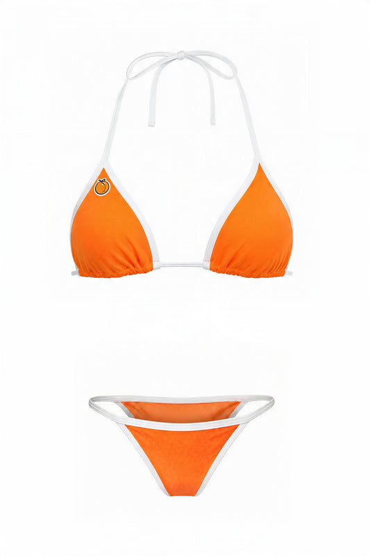 Sunset Beach Microkini set in citrus orange with white trim — triangle bikini top and cheeky string bottom