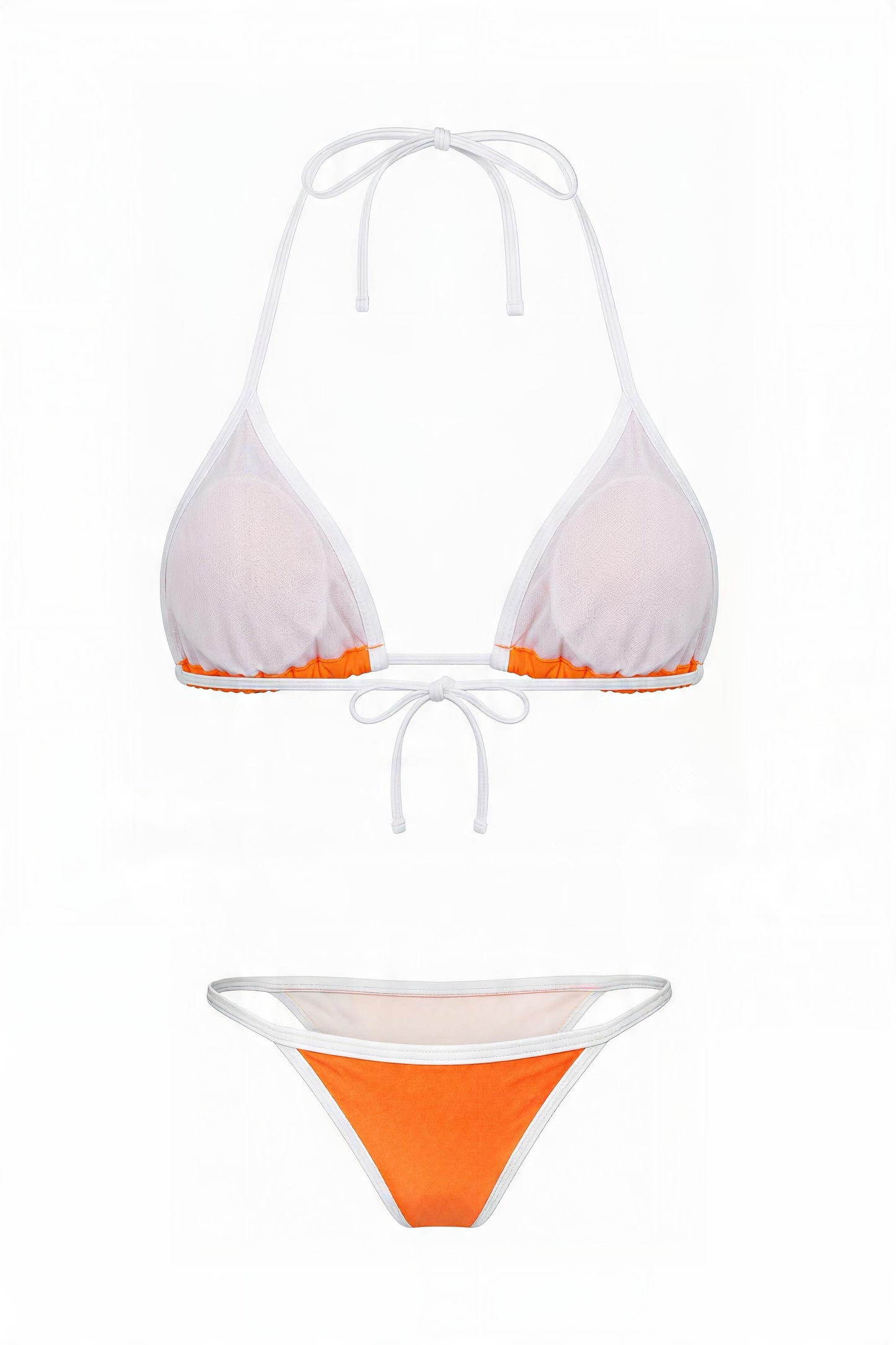 Back view of the citrus orange Sunset Beach Microkini set showing the fully lined triangle top and string bottom