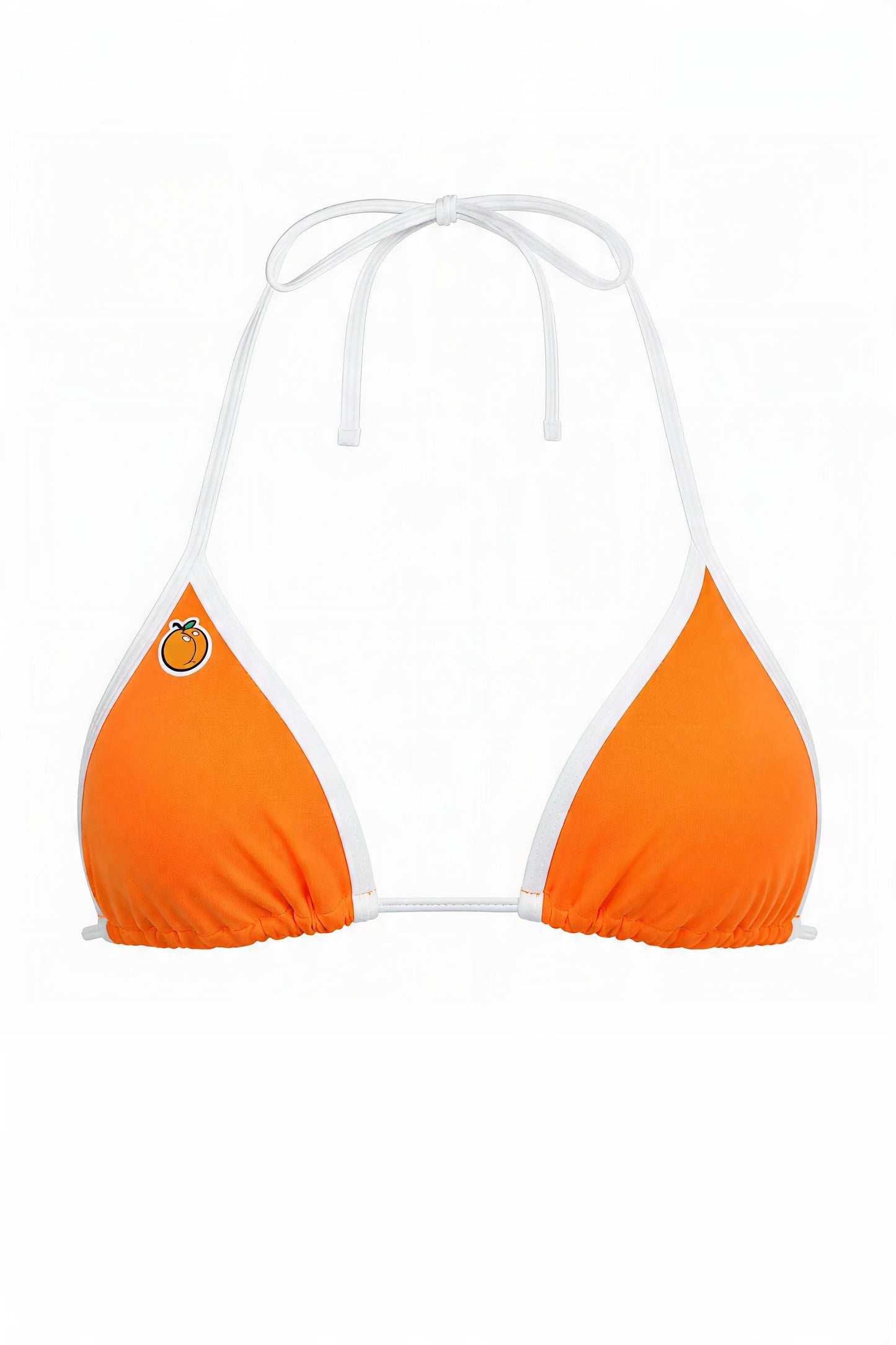 Citrus orange triangle bikini top with white halter ties and Citra fruit patch — Sunset Beach Microkini