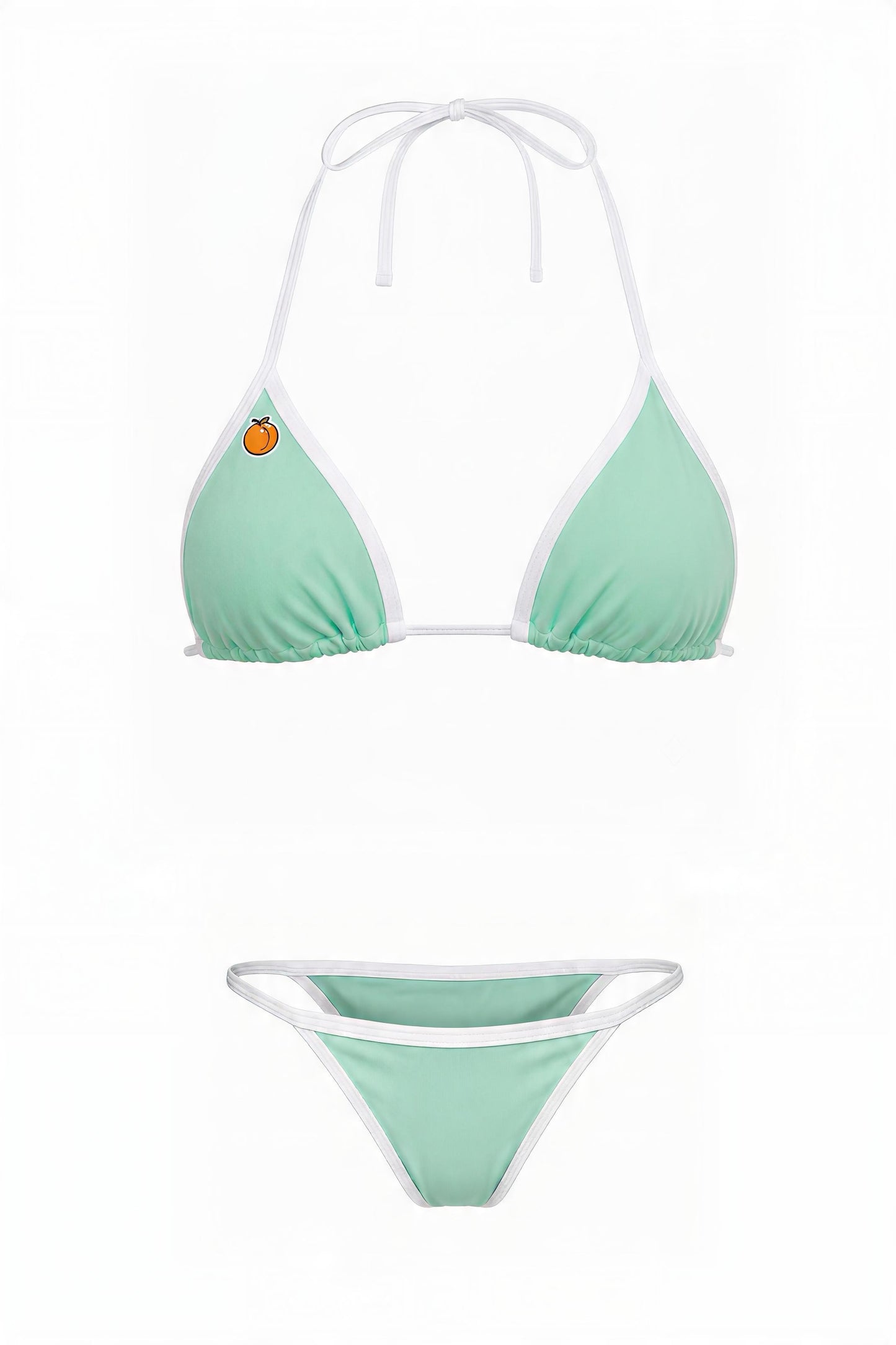 Sunset Beach Microkini set in mint green with white trim — triangle bikini top and cheeky string bottom