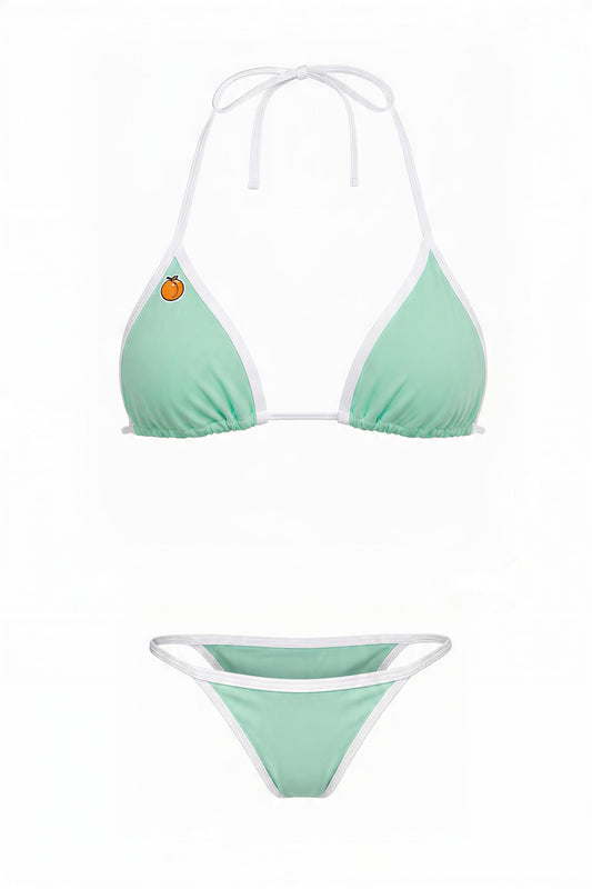Sunset Beach Microkini set in mint green with white trim — triangle bikini top and cheeky string bottom
