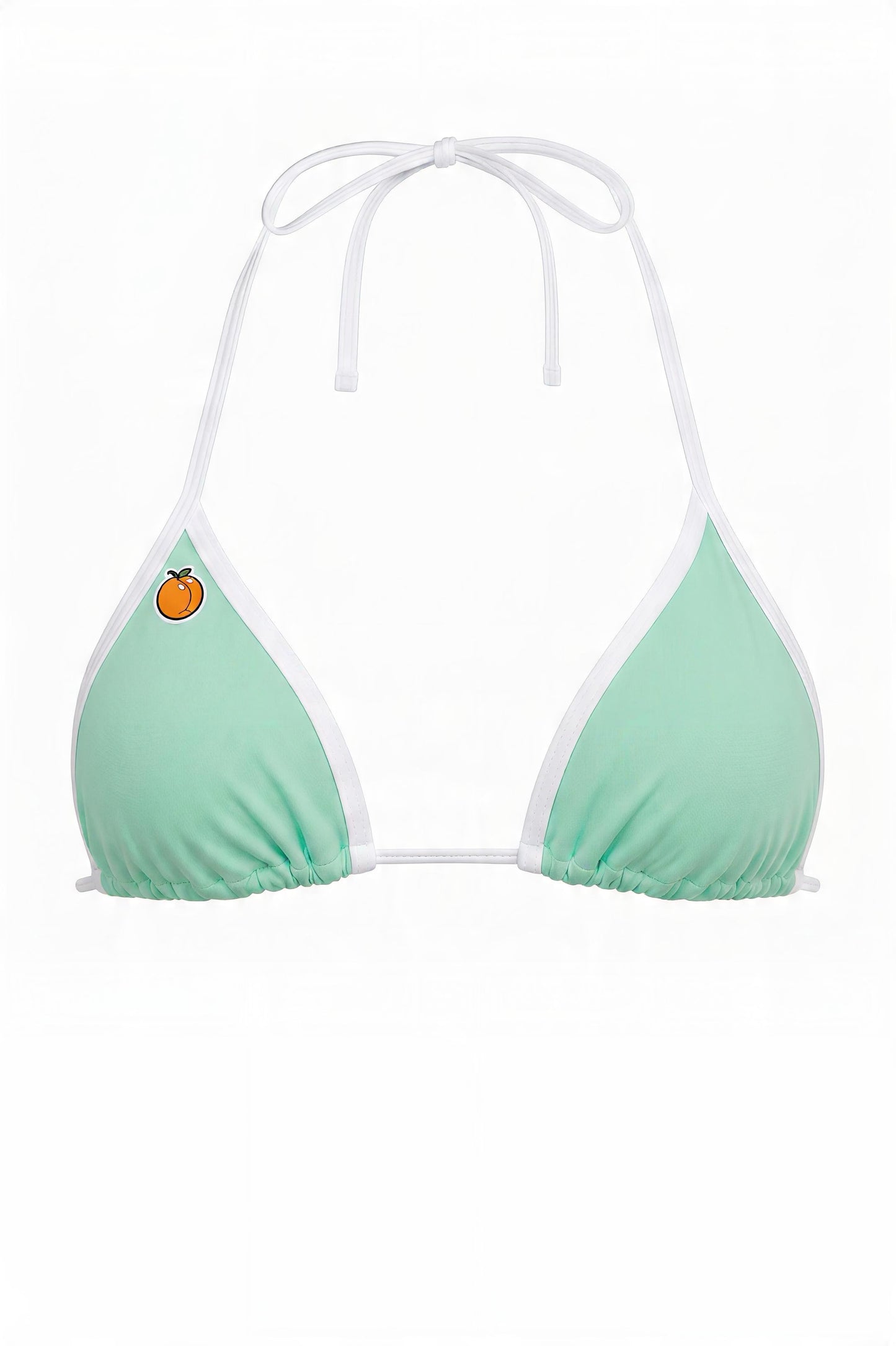 Mint green triangle bikini top with white halter ties and Citra fruit patch — Sunset Beach Microkini