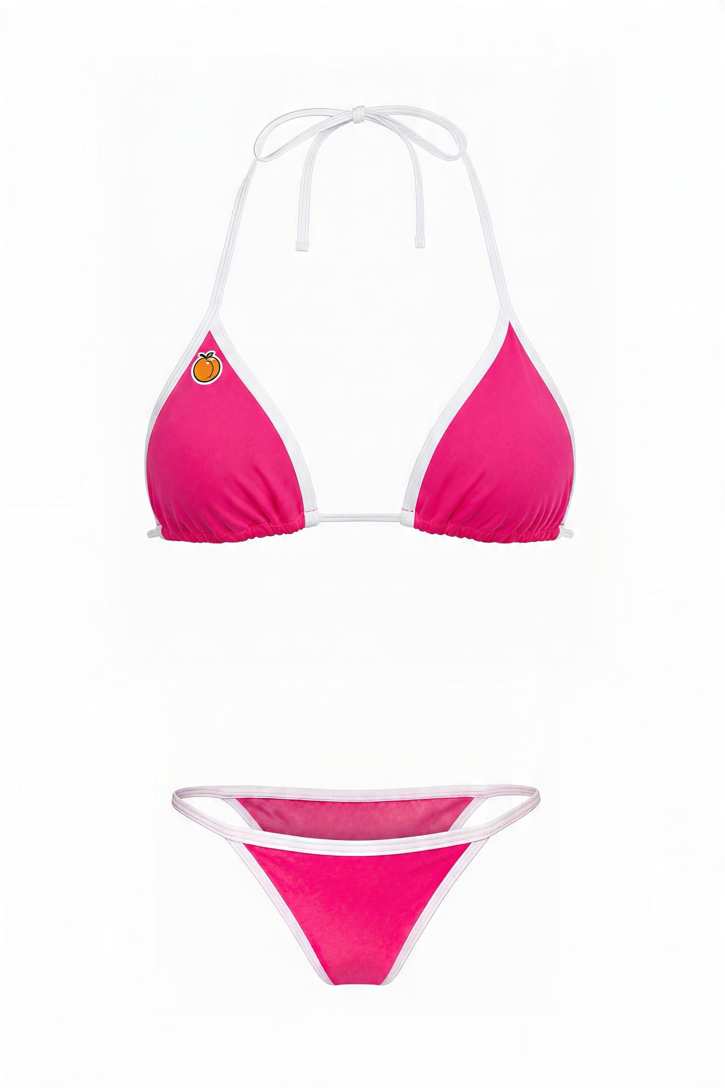 Sunset Beach Microkini set in hot magenta with white trim — triangle bikini top and cheeky string bottom