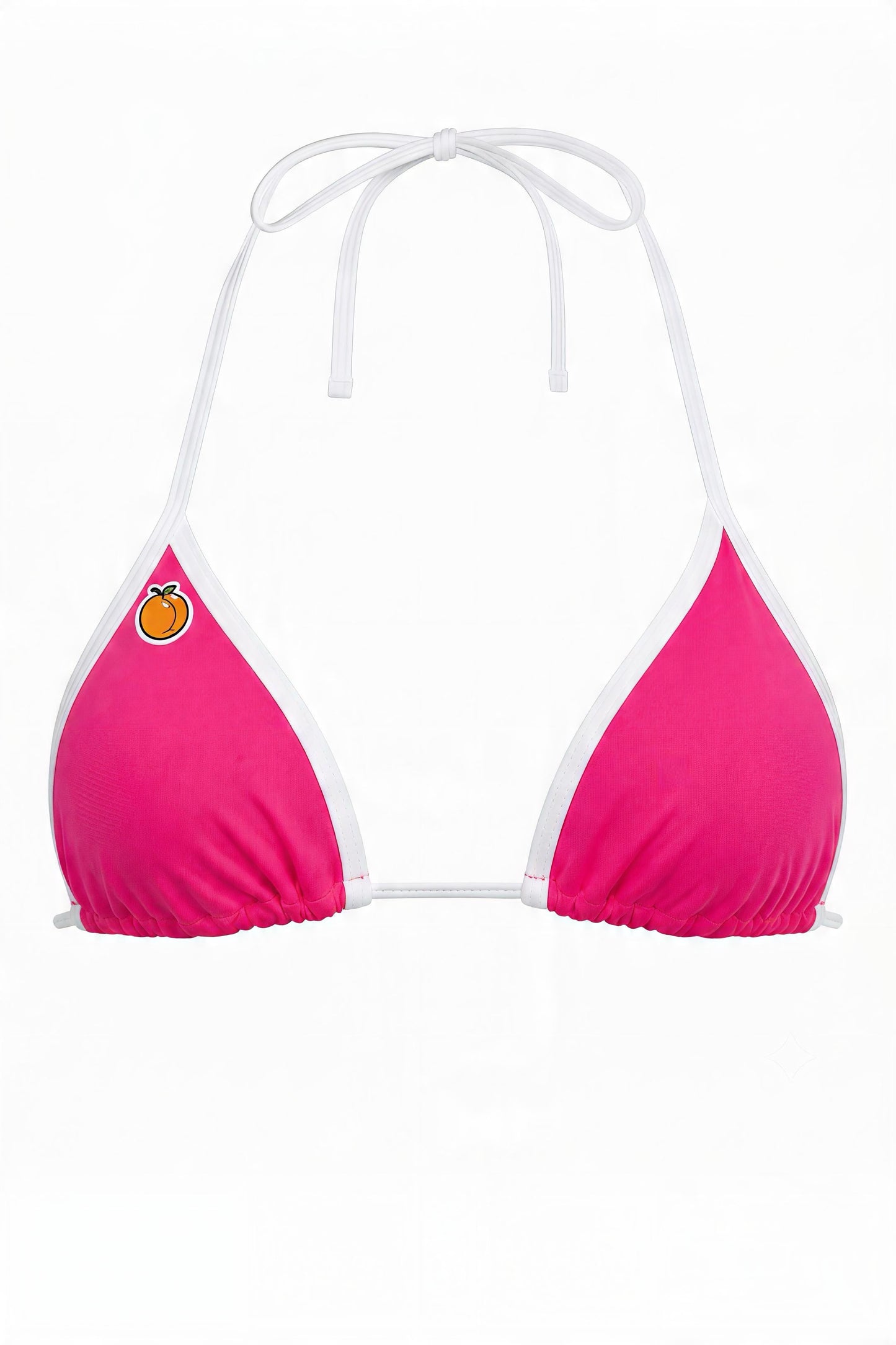 Magenta triangle bikini top with white halter ties and Citra fruit patch — Sunset Beach Microkini
